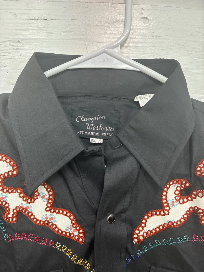 New Men’s Champion Western Black Design Long Sleeve Pearl Snap 15.5 Medium T-89