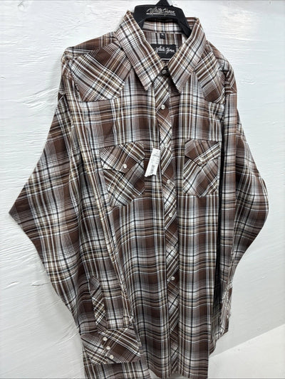 New Men’s White Horse Brown Plaid Long Sleeve Pearl Snap XL H-81