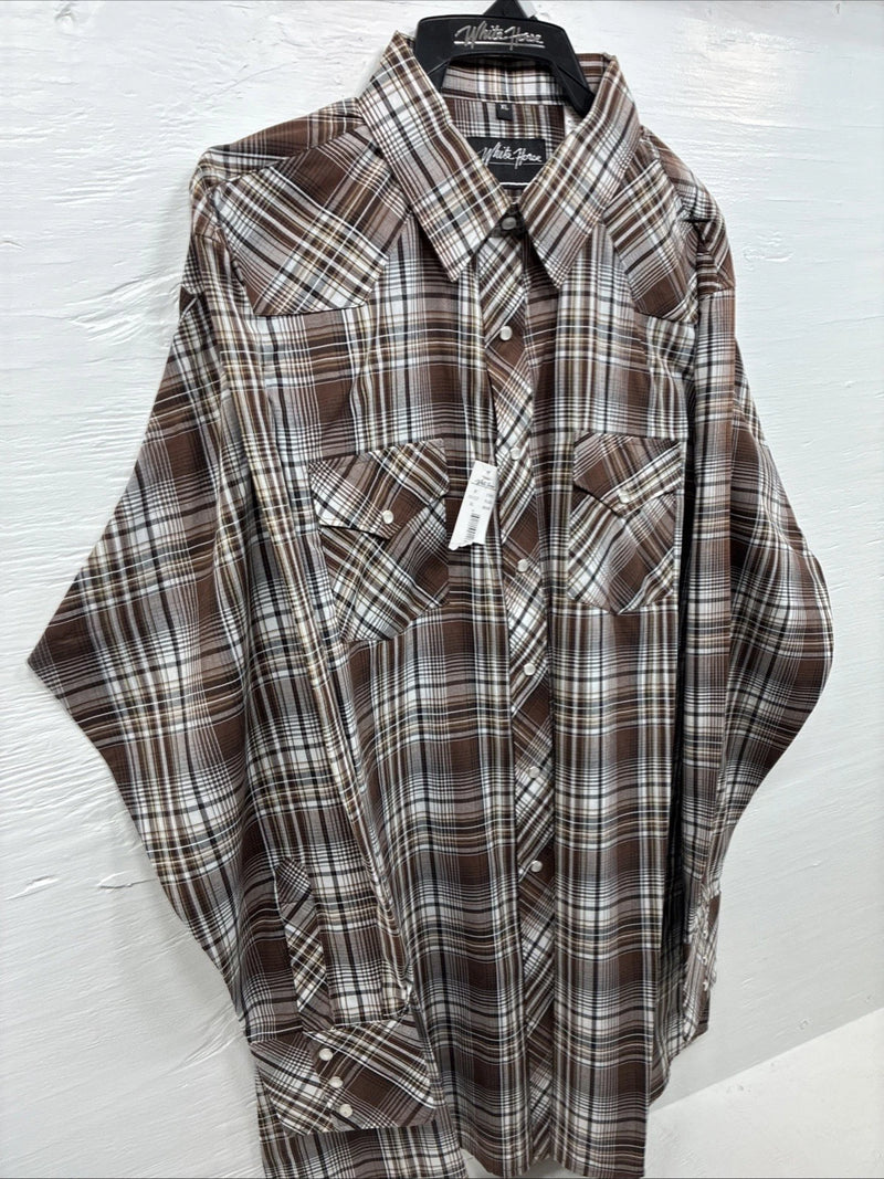 New Men’s White Horse Brown Plaid Long Sleeve Pearl Snap XL H-81
