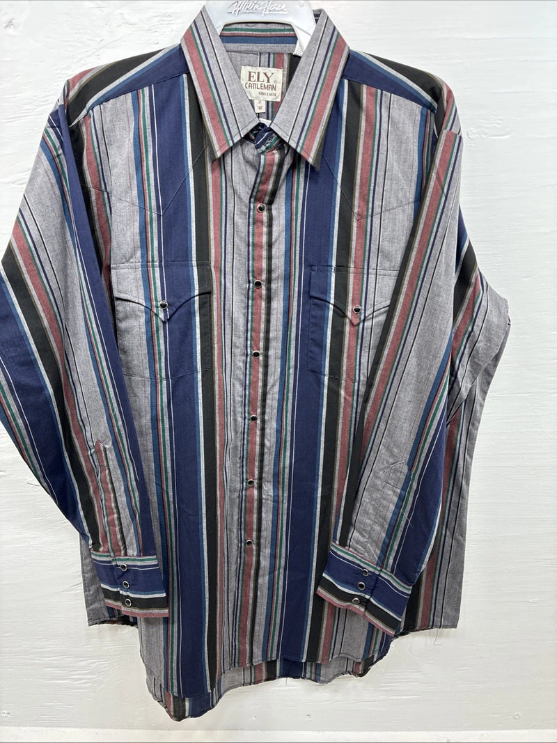 New Men’s ELY Cattleman Multiple Color Striped Long Sleeve Pearl Snap XL J-26