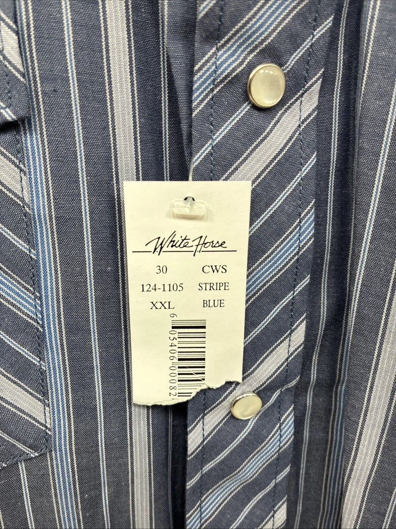 New Men’s White Horse Dark Blue Stripe Long Sleeve Pearl Snap 2XL H-46