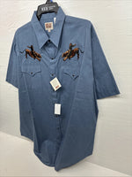 New Men’s ELY Cattleman Blue Embroidered Short Sleeve Pearl Snap 2XL F-82