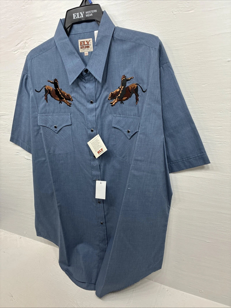 New Men’s ELY Cattleman Blue Embroidered Short Sleeve Pearl Snap 2XL F-82
