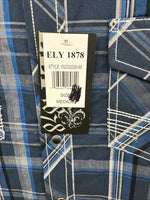 New Men’s ELY 1878 Blue Black Plaid Short Sleeve Pearl Snap Medium J-91