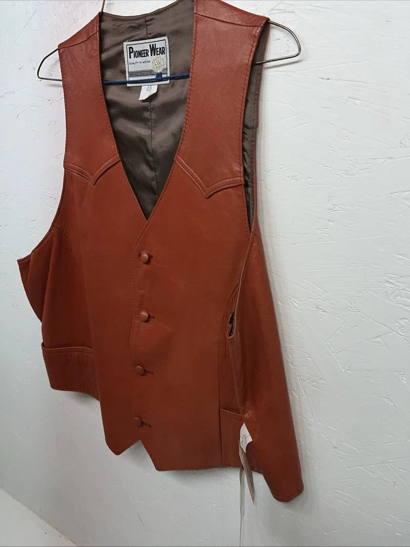 New Men’s Orange Leather Pioneer Wear Vest 46 #10291 L-603