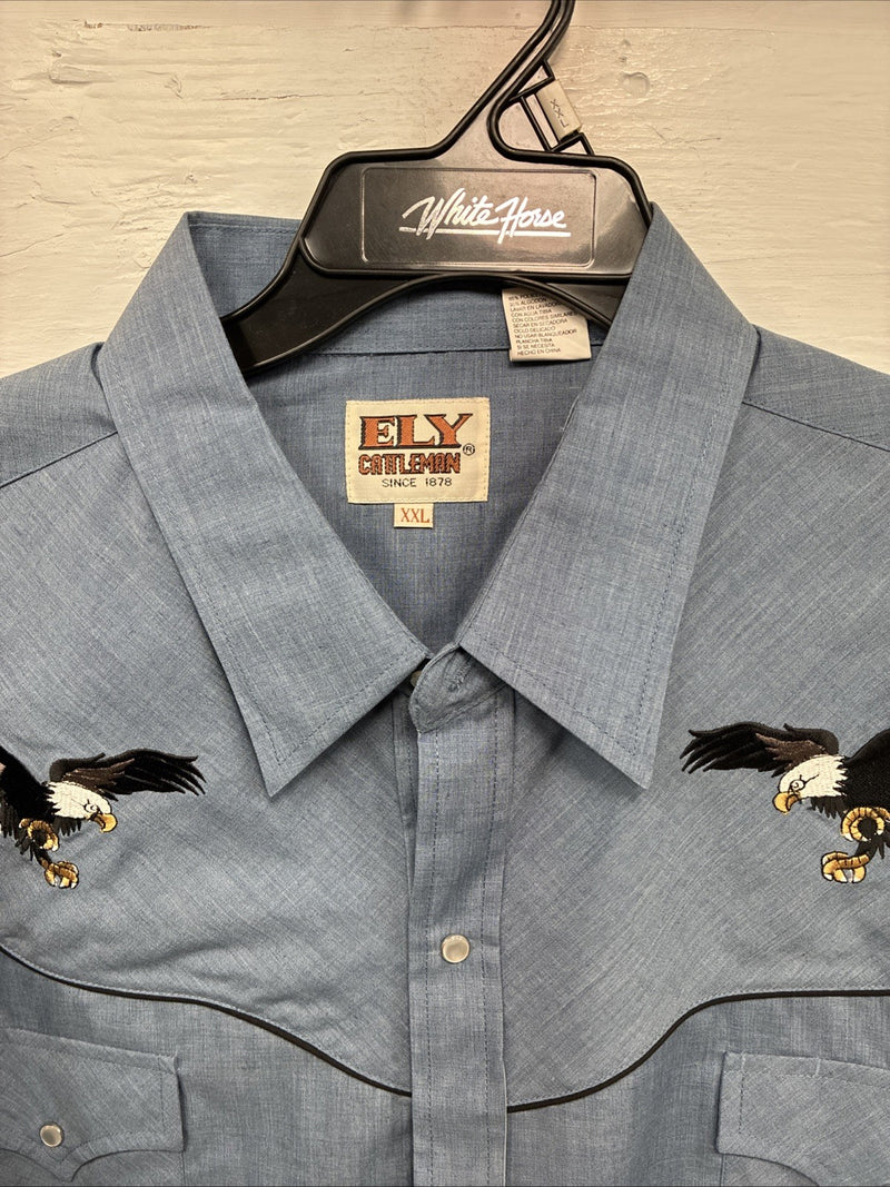 New Men’s ELY Cattleman Blue Eagle Design Long Sleeve Pearl Snap 2XL H-54