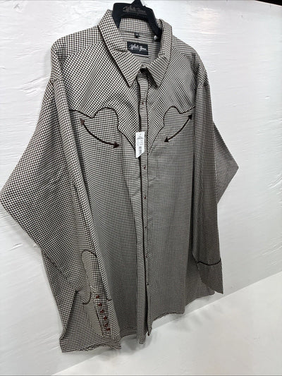 New Men’s White Horse Brown White Checkered Long Sleeve Pearl Snap 2XL H-50