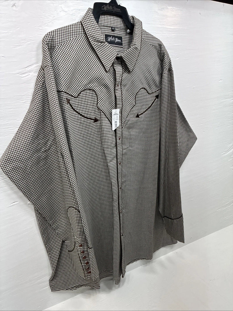 New Men’s White Horse Brown White Checkered Long Sleeve Pearl Snap 2XL H-50