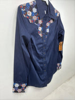 New Women’s Lady DJ Blue Deisgned Long Sleeve Pearl Snap Size 34 TT-142