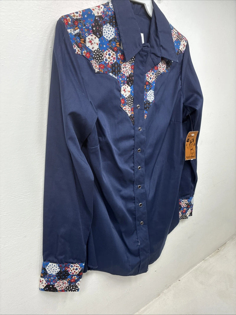 New Women’s Lady DJ Blue Deisgned Long Sleeve Pearl Snap Size 34 TT-142
