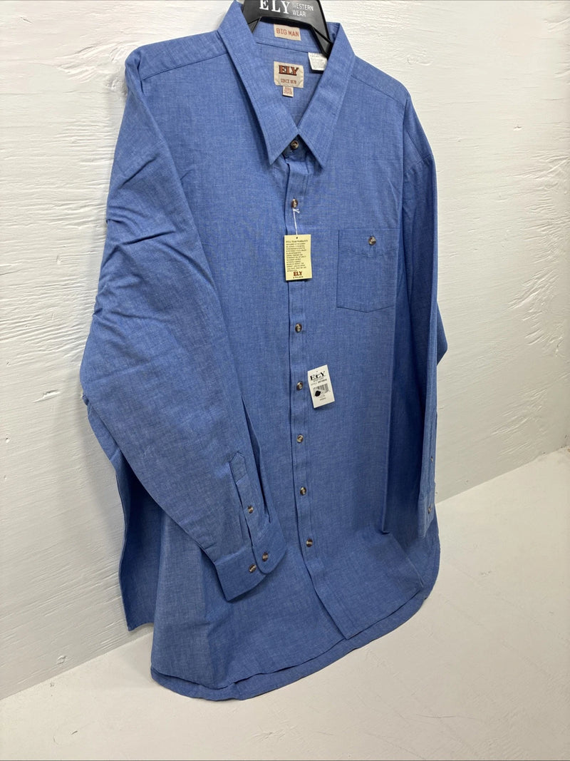 New Men’s ELY Cattleman Blue Long Sleeve Button Up 20.5 X 36 4XL E-100