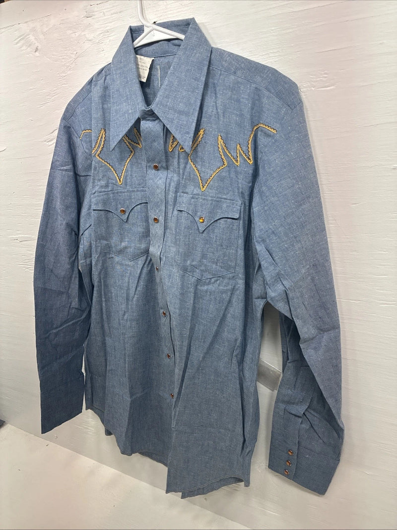 New Men’s Blue Jean Yellow Design Long Sleeve Pearl Snap 16.5 X 34 Large V-95
