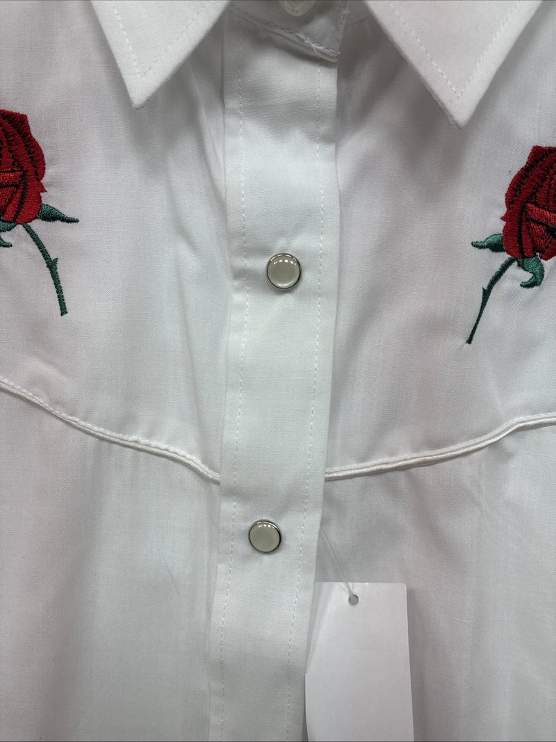 New Womens White Horse White Rose Long Sleeve Pearl Snap Large II-91