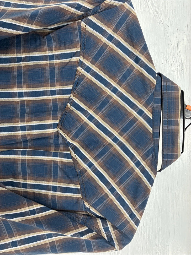 New Men’s ELY 1878 Blue Brown Plaid Long Sleeve Pearl Snap Medium J-89