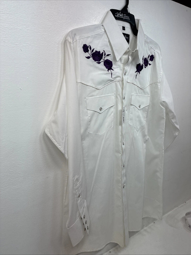 New Men’s White Horse White Purple Long Sleeve Pearl Snap Large MM-34