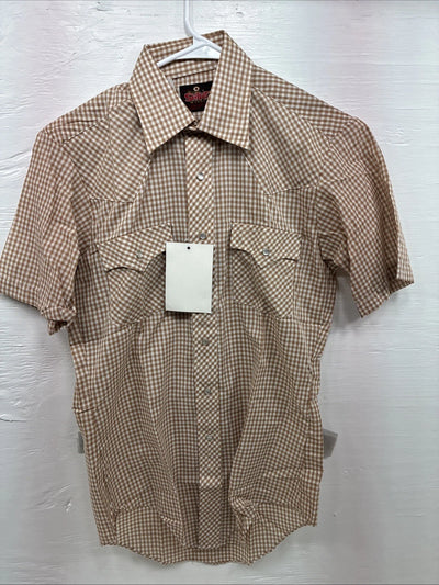 New Mems Western Shirt Brown Checkered Short Sleeve Pearl Snap Small AA-103