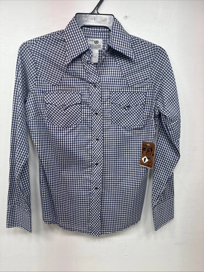 New Women’s Dickson Jenkins Blue Checker Long Sleeve Pearl Snap Size 34 GG-5