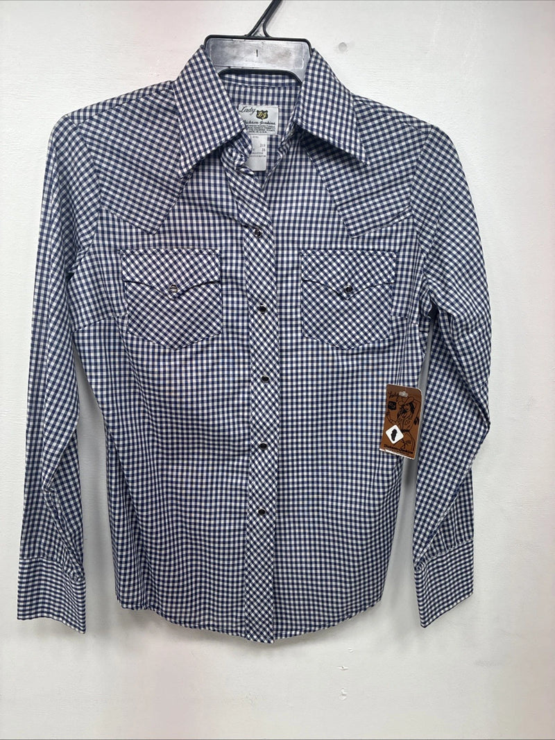 New Women’s Dickson Jenkins Blue Checker Long Sleeve Pearl Snap Size 34 GG-5