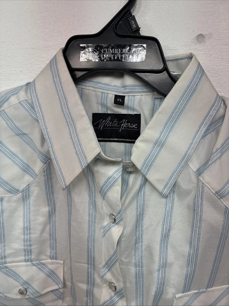 New Women’s White Horse Blue Stripe Long Sleeve Pearl Snap XL II-4