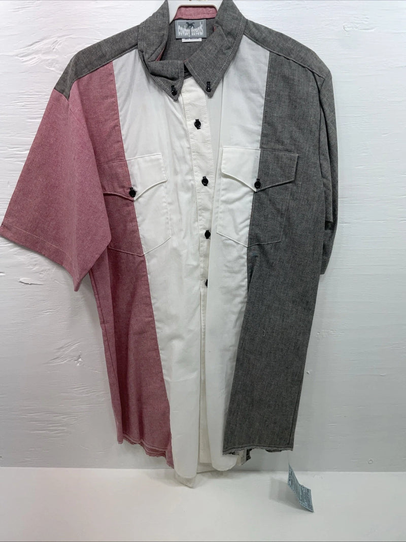 New Men’s Cowboy Threads Grey White Pink Short Sleeve Button Up Medium B-91