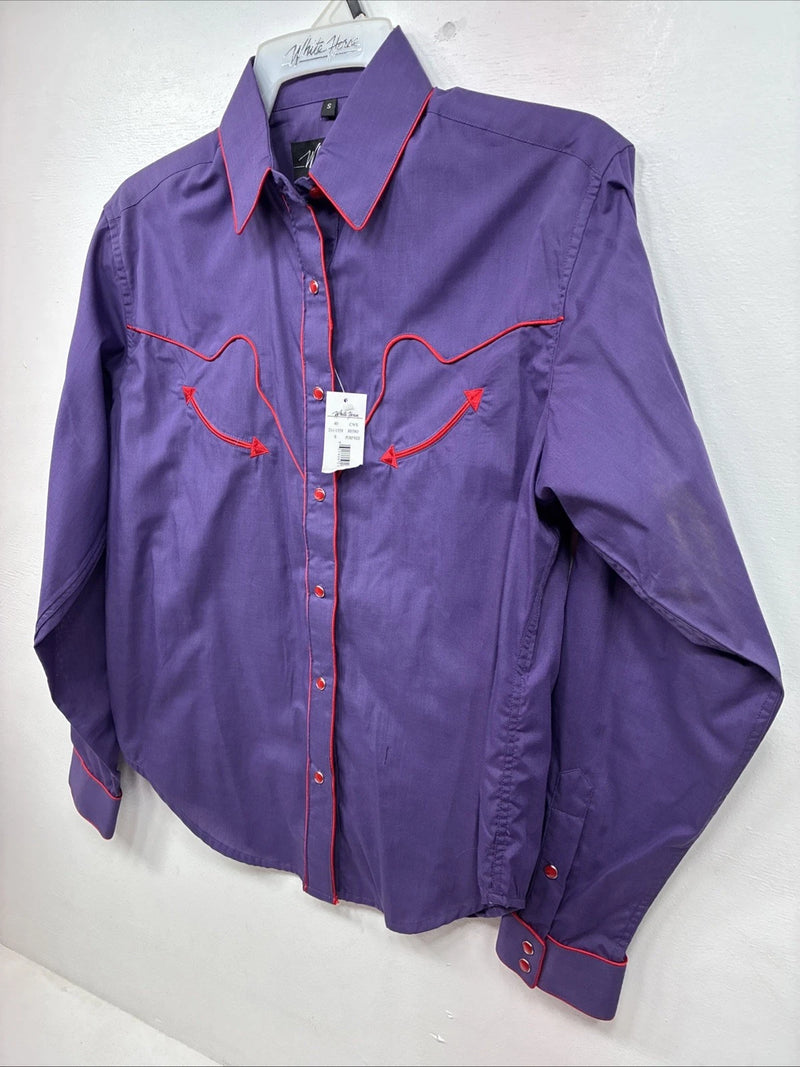 New Women’s White Horse Purple Red Long Sleeve Pearl Snap Small LL-72