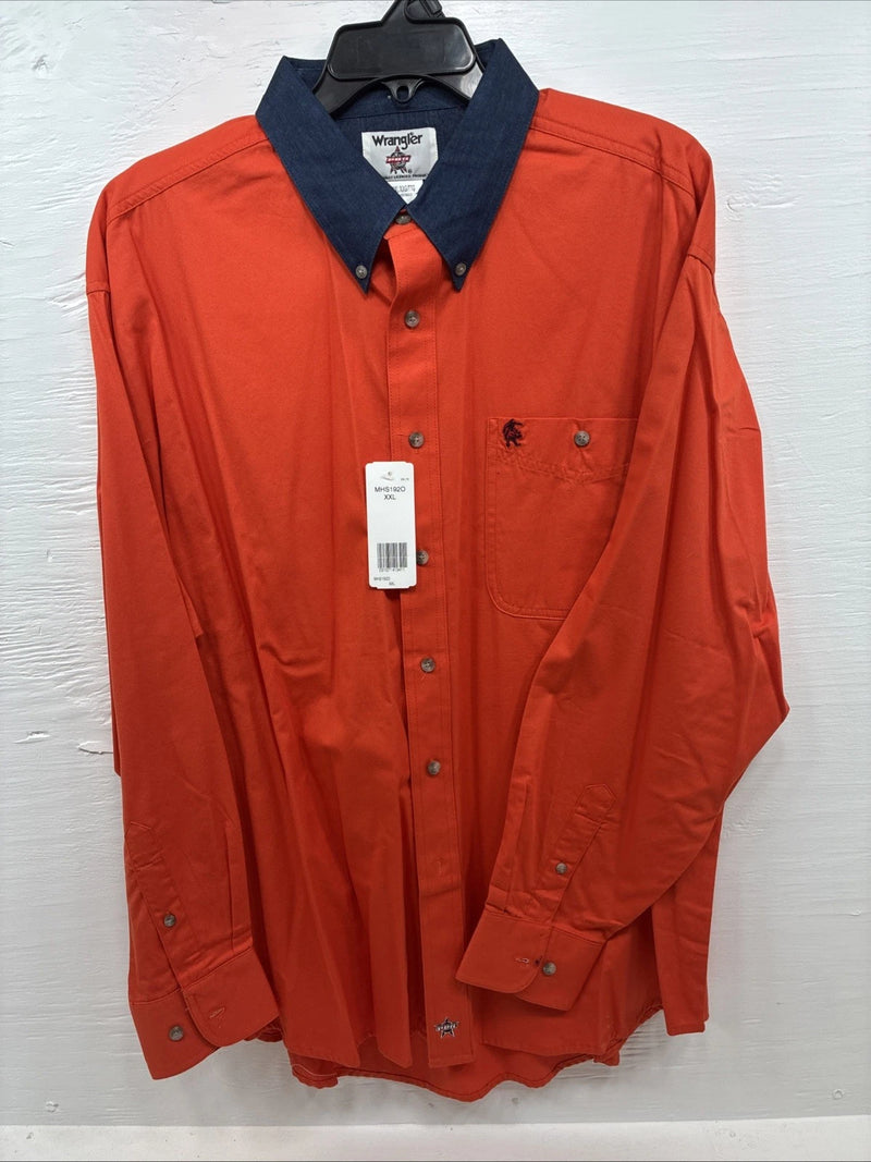 New Men’s Wrangler PBR Orange Long Sleeve Button Up 2XL F-100