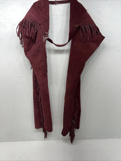 New Burgundy Congress Leather Show Chaps With Fringe Adjustable Waist 42” N-35