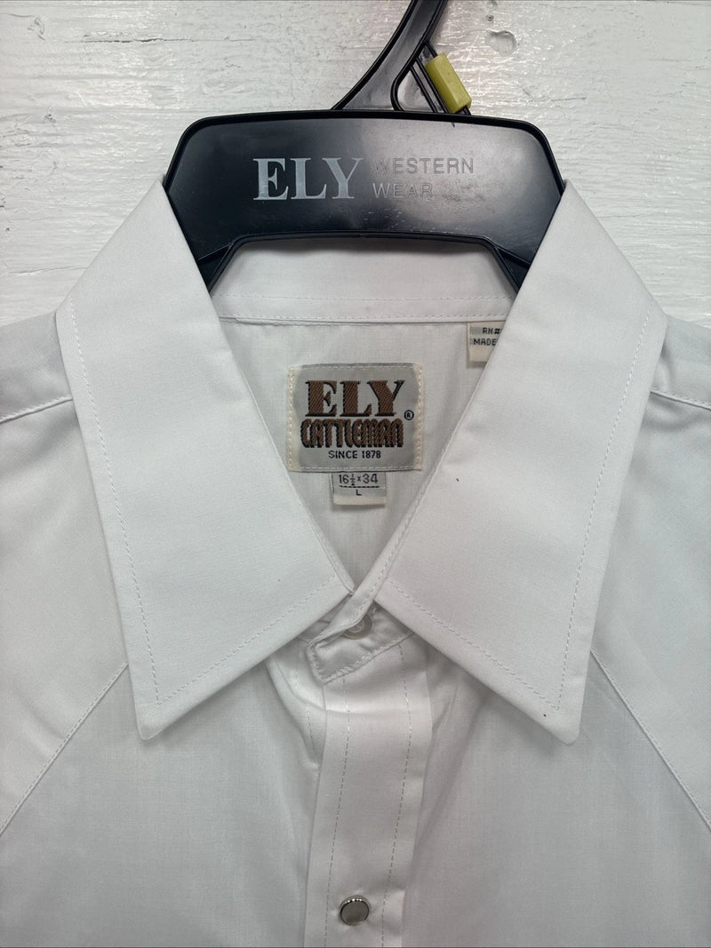 New Men’s ELY Cattleman White Long Sleeve Pearl Snap 16.5 X 34 Large V-116