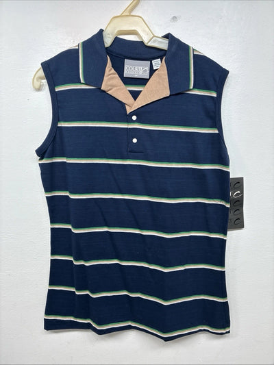 New Women’s Court Blue Stripe Short Sleeve Polo Shirt Medium KK-65