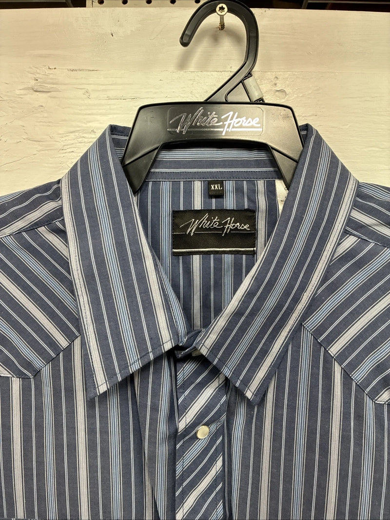 New Men’s White Horse Dark Blue Stripe Long Sleeve Pearl Snap 2XL H-46