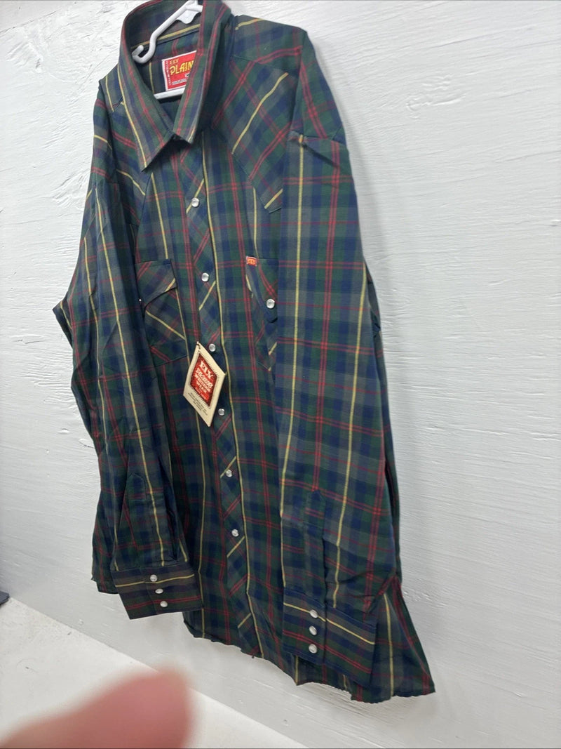 New Men’s ELY Plains Green Multicolor Plaid Long Sleeve Pearl Snap Large M-39