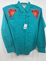 New Men’s Wrangler Teal Western Design Long Sleeve Cover Button Up Small J-49