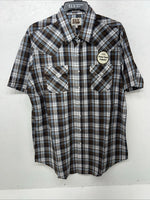 New Men’s Brown Plaid ELY Cattleman Short Sleeve Pearl Snap Shirt. XL Tall S-29