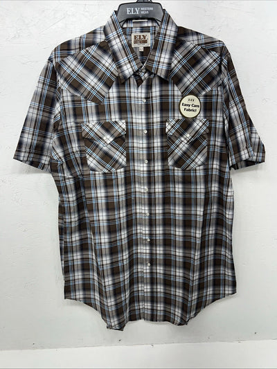 New Men’s Brown Plaid ELY Cattleman Short Sleeve Pearl Snap Shirt. XL Tall S-29