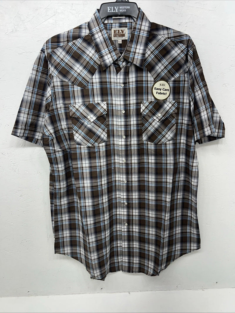 New Men’s Brown Plaid ELY Cattleman Short Sleeve Pearl Snap Shirt. XL Tall S-29
