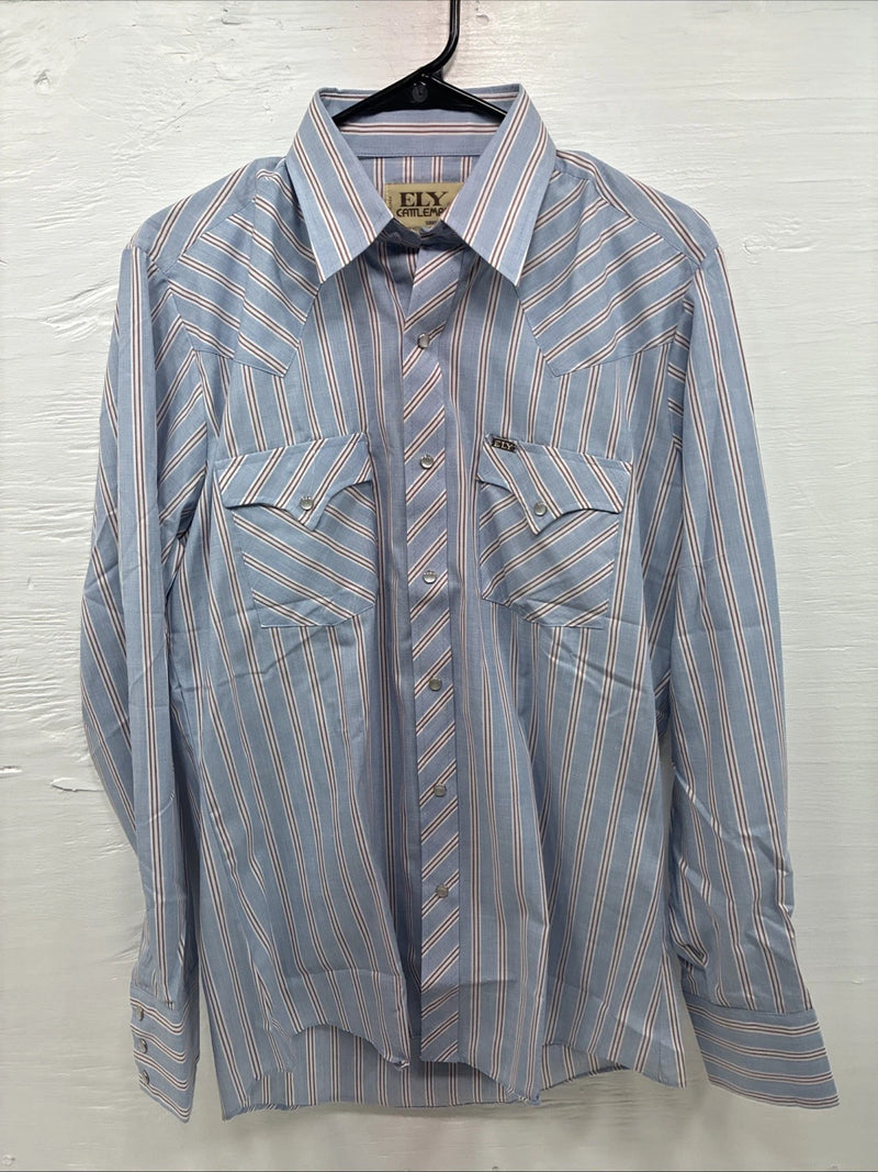 New Men’s ELY Cattleman blue Stripe Long Sleeve Pearl Snap 15.5 Medium Q-106
