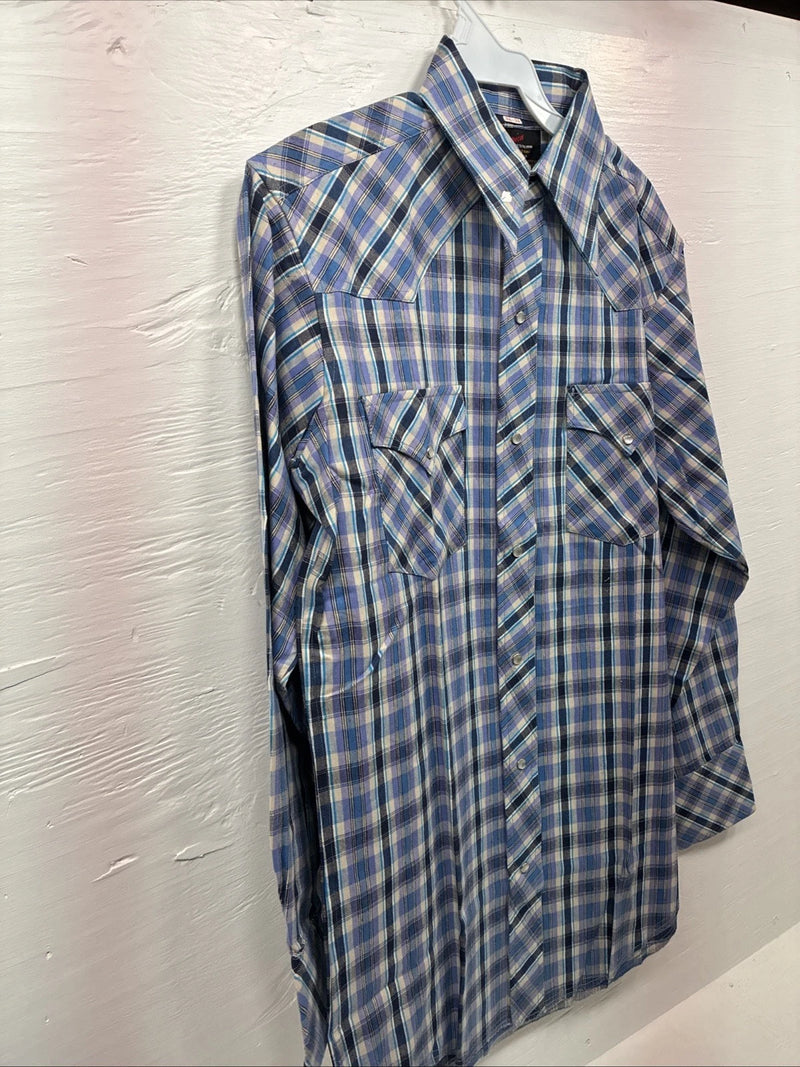 New Men’s Champion Western Purple Plaid Long Sleeve Pearl Snap 14.5 Small O-35