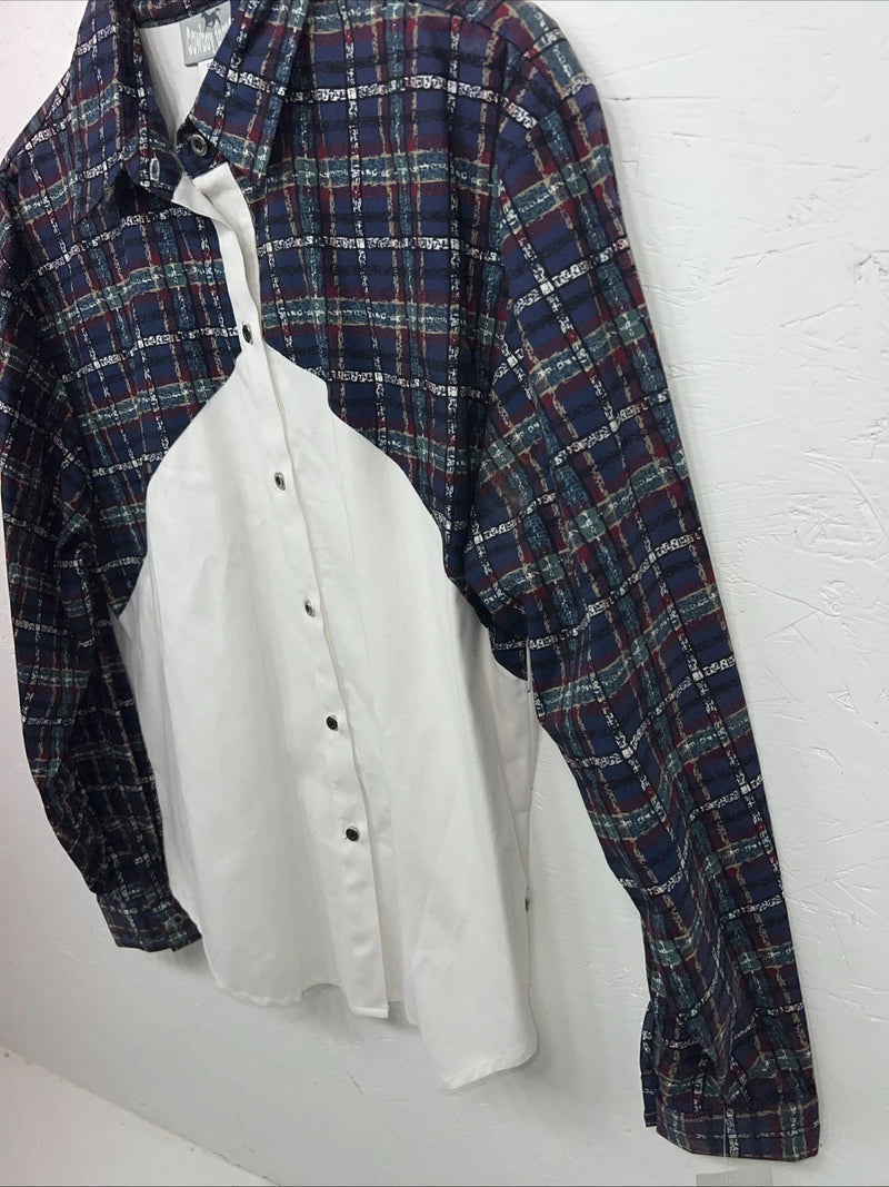 New Women’s Cowboy Threads White Navy Plaid Long Sleeve Button Up Shirt M 3B-75