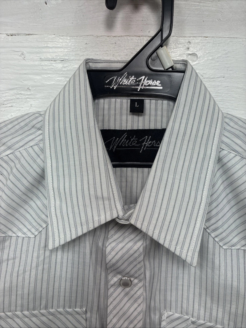 New Kids White Horse Gray Stripe Long Sleeve Pearl Snap Large DD-56