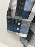 New Men’s ELY Cattleman Blue Gray Plaid Long Sleeve Pearl Snap Medium J-90