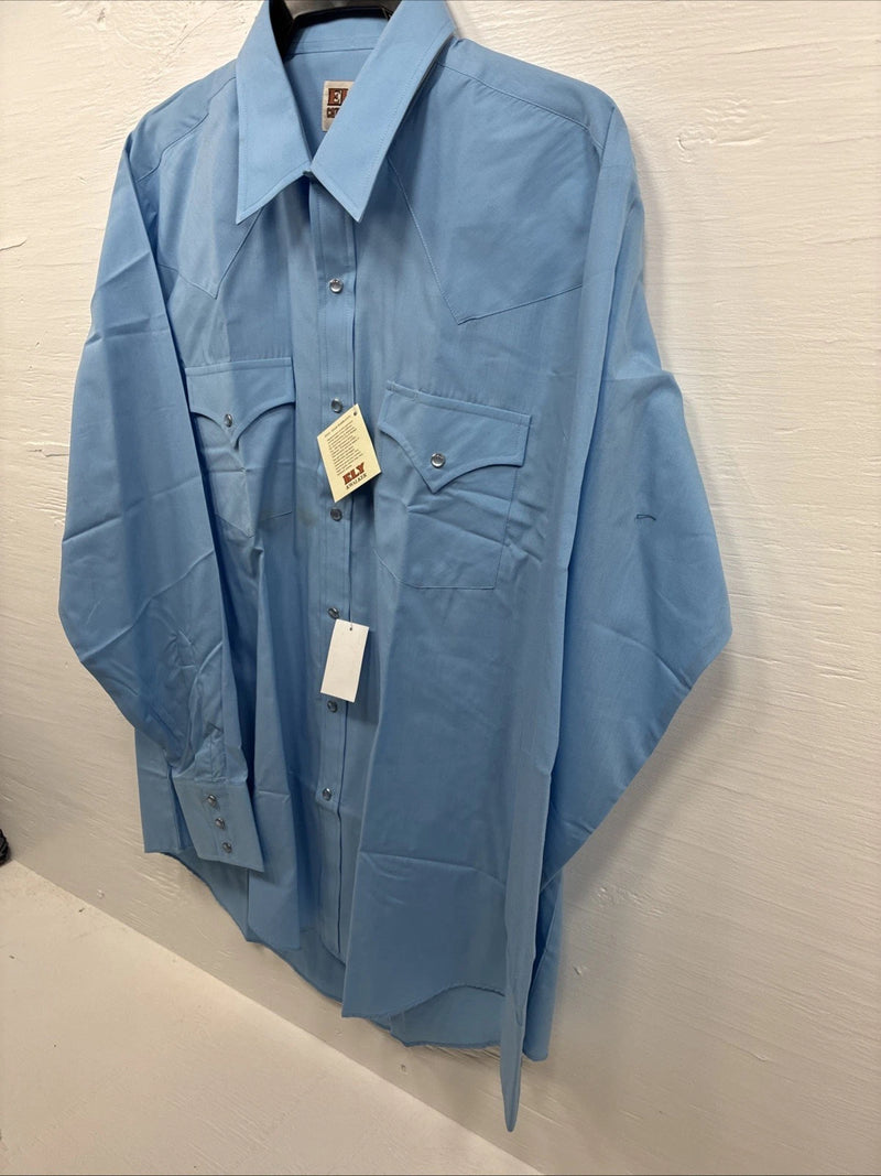 New Men’s ELY Cattleman Simple Blue Long Sleeve Pearl Snap 16.5 Large Q-86