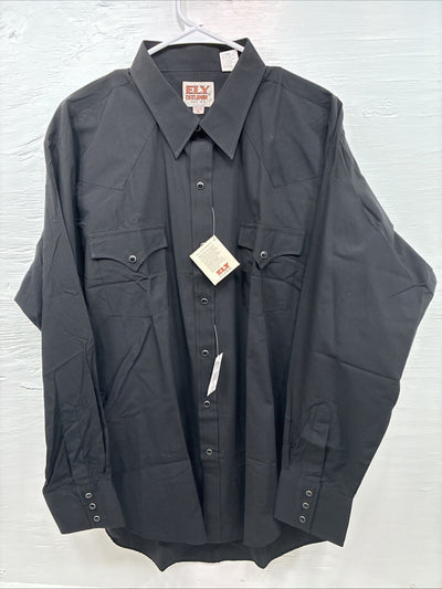 New Men’s ELY Cattleman Black Simple Long Sleeve Pearl Snap XL J-86