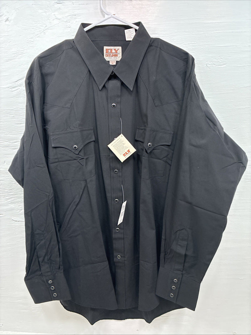 New Men’s ELY Cattleman Black Simple Long Sleeve Pearl Snap XL J-86