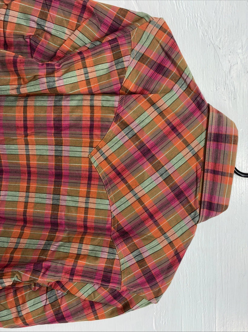 New Men’s Champion Western Orange Pink Plaid Long Sleeve Pearl Snap Small AA-88 