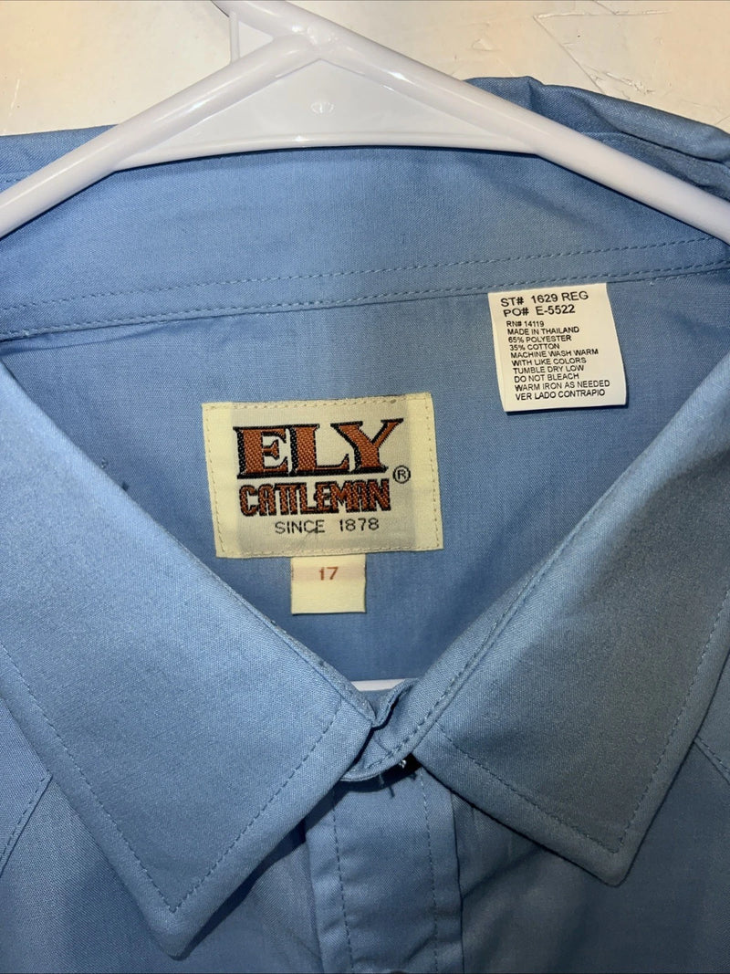 New Mens Blue ELY Cattleman Short Sleeve Pearl snap Shirt. 17 XL S-1