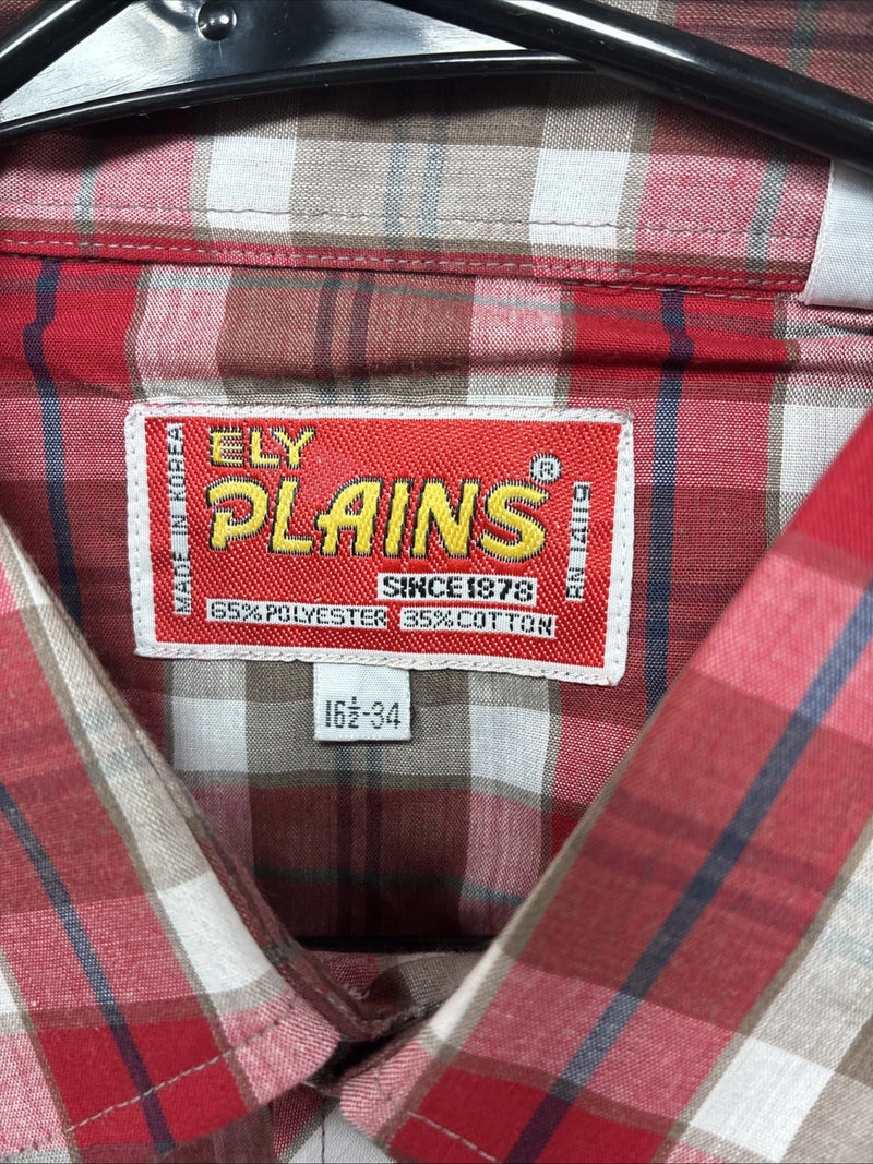 New Men’s ELY Plains Red Brown Plaid Long Sleeve Pearl Snap 16.5 Large M-66