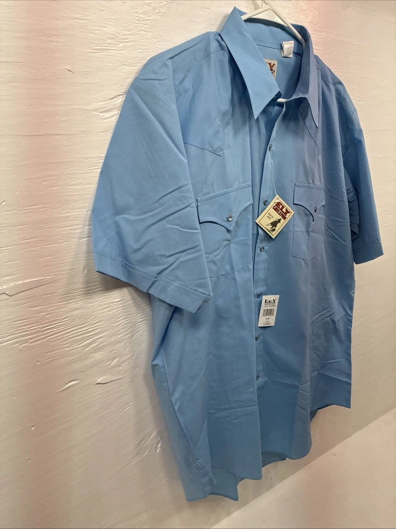 New Men’s ELY Cattleman Blue Simple Short Sleeve Pearl Snap 16.5 Large M-50