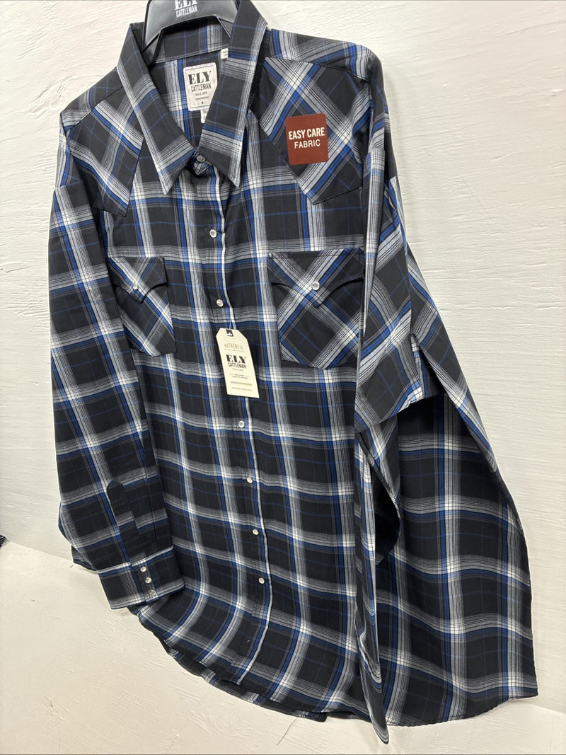 New Men’s ELY Cattleman Black Blue Flannel Long Sleeve Pearl Snap 4XL Tall E-88