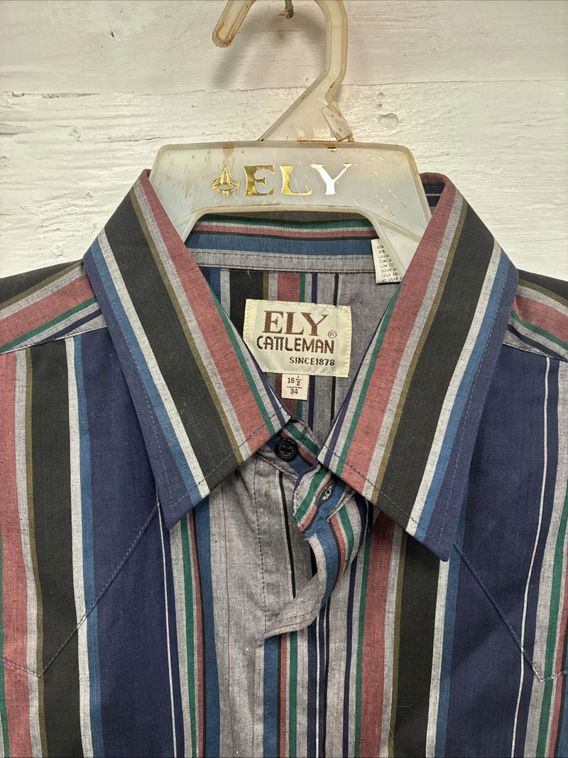 New Men’s ELY Cattleman Multicolor Stripe Long Sleeve Pearl Snap 16.5 Large T-54