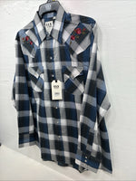 New Men’s ELY Cattleman Blue Grey Plaid Long Sleeve Pearl Snap Large AA-19